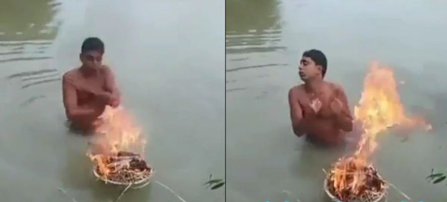 Desi Jugaad: नदी में नहाते हुए ठंड से बचने के लिए शख्स ने निकाला गजब जुगाड़, देखते ही लोह बोले- जे बात
